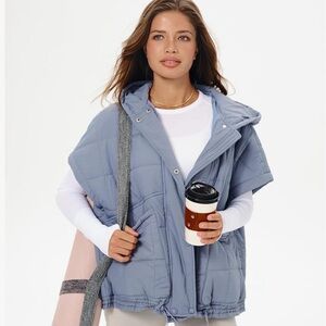 NWT Gacaky Blue Grey Quilted Oversized Hooded Vest M